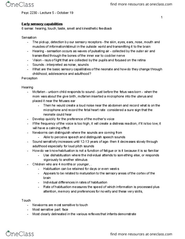 PSYC 2110 Lecture Notes - Lecture 5: Infant, Dishabituation, Habituation thumbnail