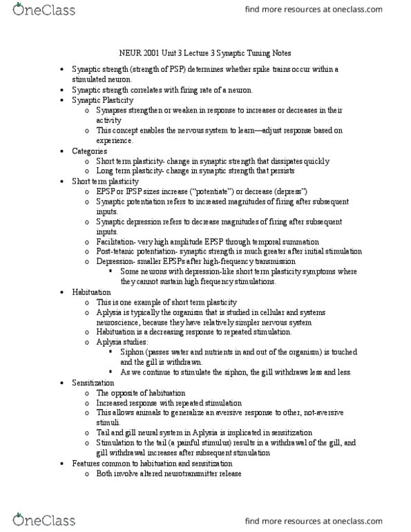 NEUR 2001 Lecture Notes - Lecture 17: Aplysia, Habituation, Implicit Memory thumbnail