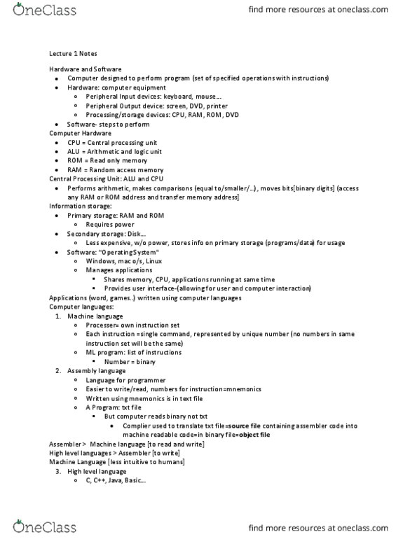 CMPT 128 Lecture Notes - Lecture 1: Central Processing Unit, High-Level Programming Language, Random-Access Memory thumbnail