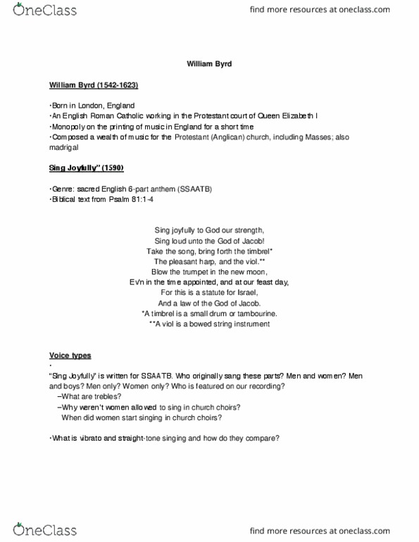 MUSIC 1A03 Chapter Notes - Chapter Renaissance: Viol, Voice Type, Tambourine thumbnail