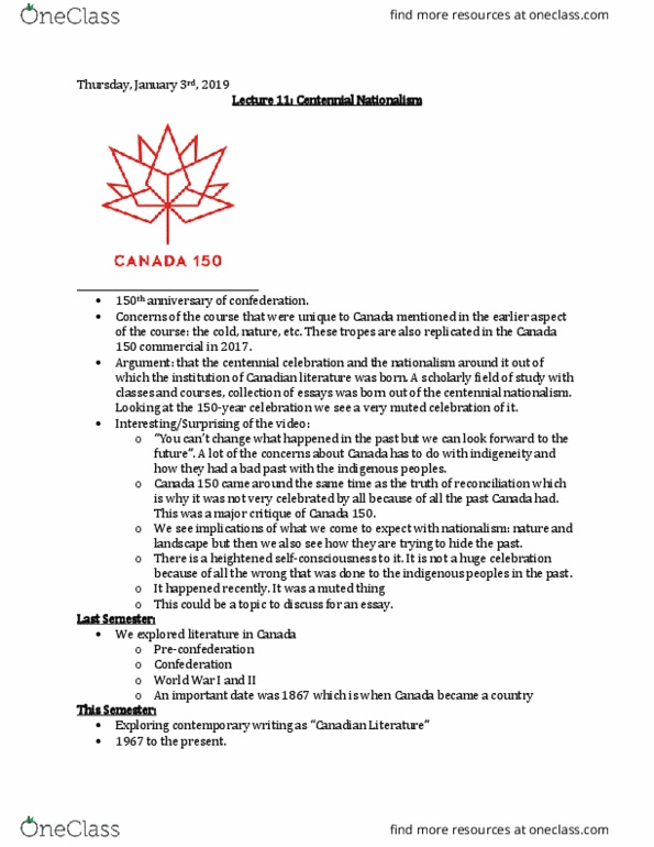 EN 2220 Lecture Notes - Lecture 11: Canadian Literature, Romantic Nationalism, Big Country thumbnail