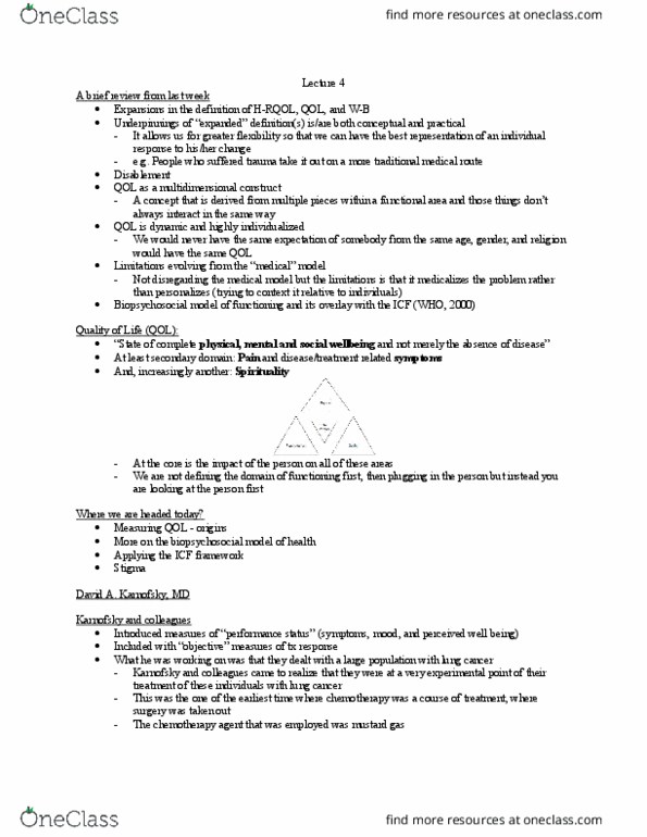 Health Sciences 3050A/B Lecture Notes - Lecture 4: Biopsychosocial Model, Performance Status, Chemotherapy thumbnail