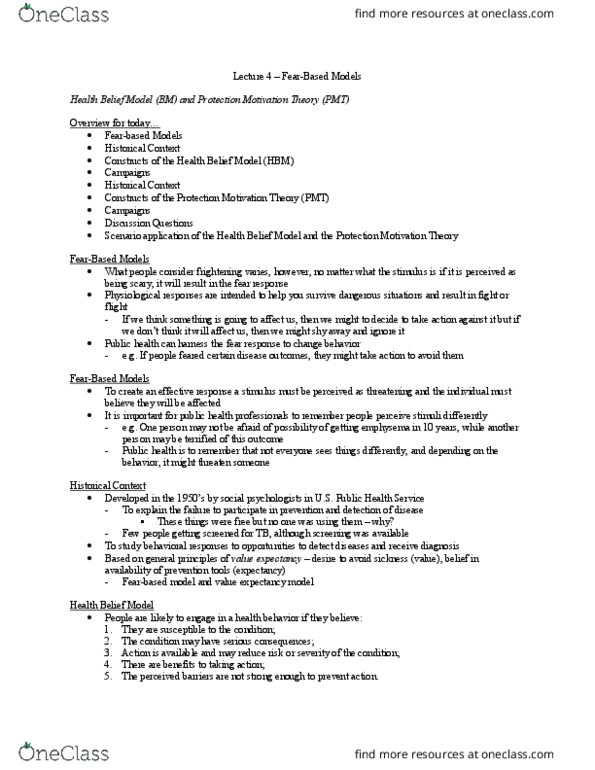 Health Sciences 4202A/B Lecture Notes - Lecture 4: Health Belief Model, Chronic Obstructive Pulmonary Disease, Mammography thumbnail