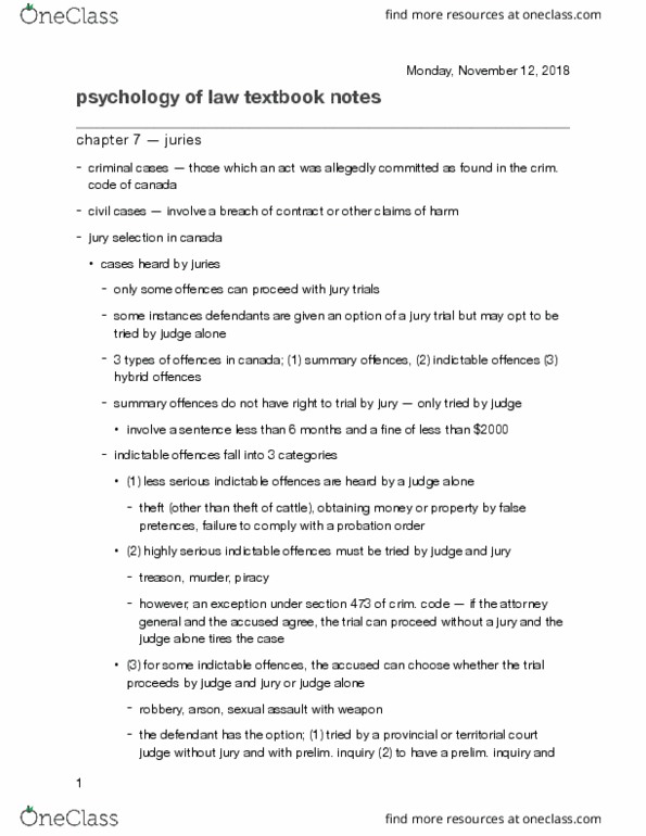 Psychology 2032A/B Chapter Notes - Chapter 7: Jury Trial, Arson, Authoritarianism thumbnail