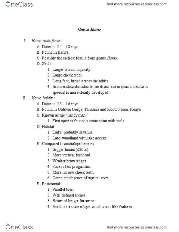 ANT 2033 Lecture Notes - Lecture 2: Homo Rudolfensis, Olduvai Gorge, Homo Habilis thumbnail