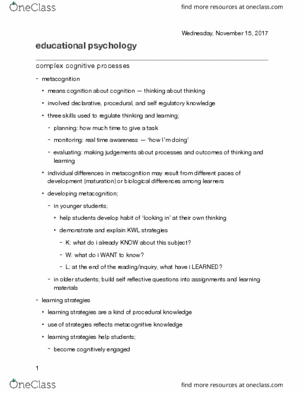 Psychology 2610G Lecture Notes - Lecture 9: Educational Psychology, Metacognition, Procedural Knowledge thumbnail