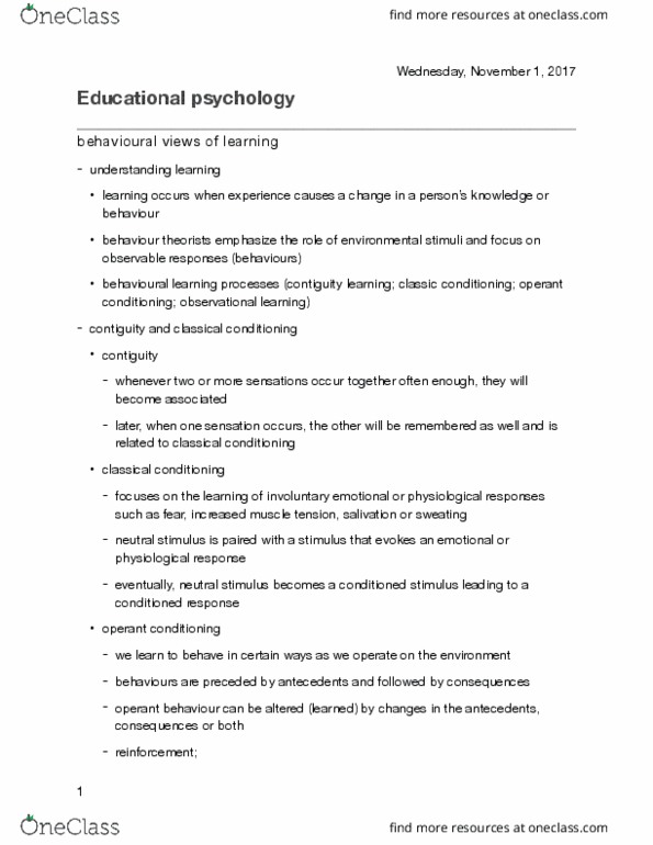 Psychology 2610G Lecture Notes - Lecture 7: Educational Psychology, Classical Conditioning, Operant Conditioning thumbnail