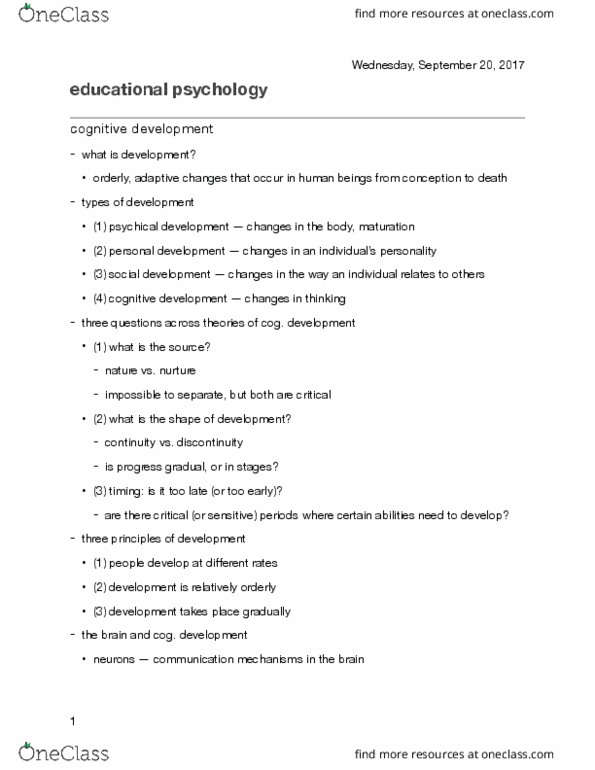 Psychology 2610G Lecture Notes - Lecture 2: Educational Psychology, Cerebral Cortex, Object Permanence thumbnail