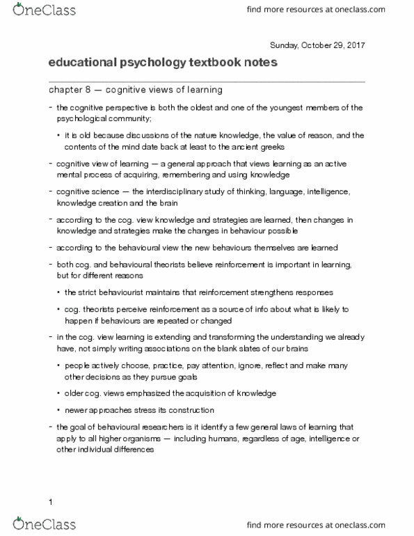 Psychology 2610G Lecture 8: educational psychology textbook notes chap 8 thumbnail