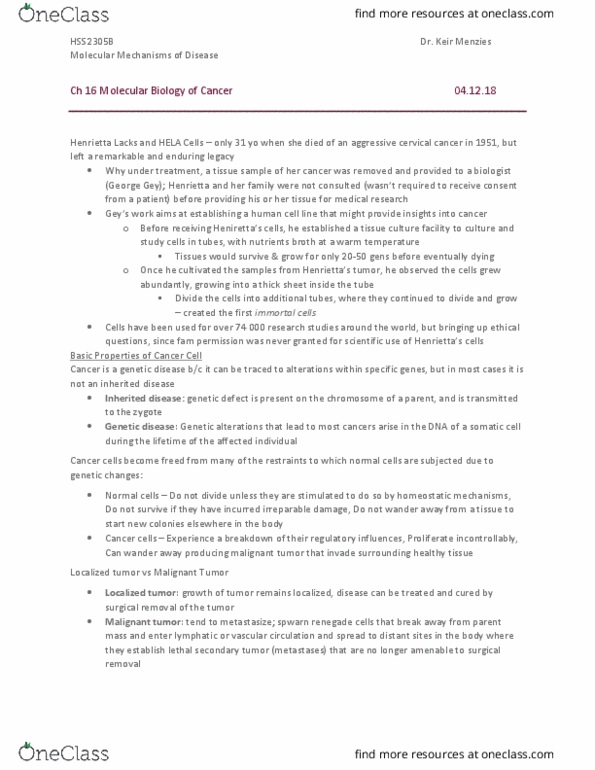 HSS 2305 Lecture Notes - Lecture 13: Cancer, George Otto Gey, Henrietta Lacks thumbnail