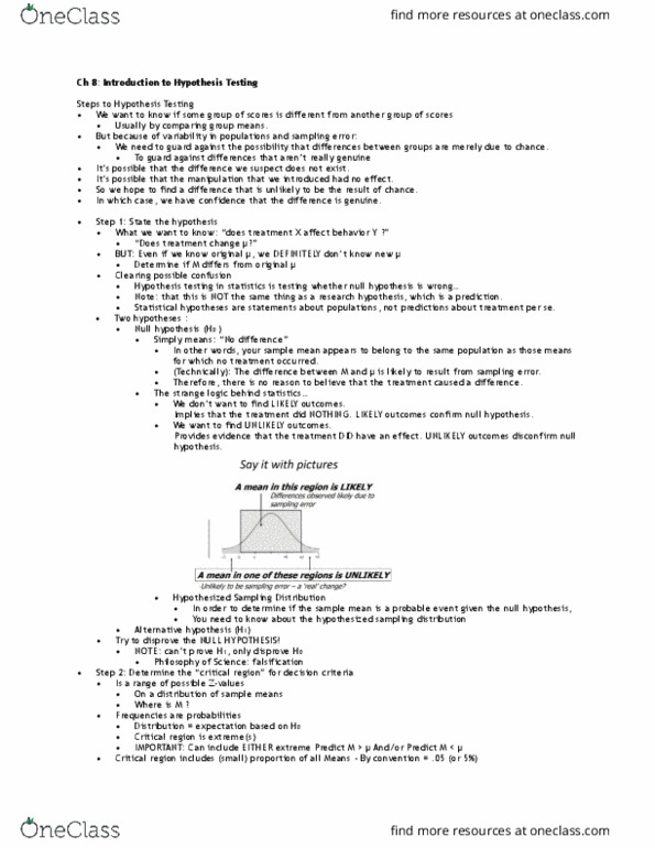 PSY 207 Lecture Notes - Lecture 8: Null Hypothesis, Statistical Hypothesis Testing, Sampling Error thumbnail