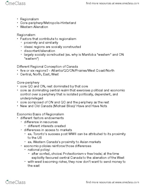 POL 2101 Lecture Notes - Michael Bliss, Western Alienation In Canada, Protectionism thumbnail