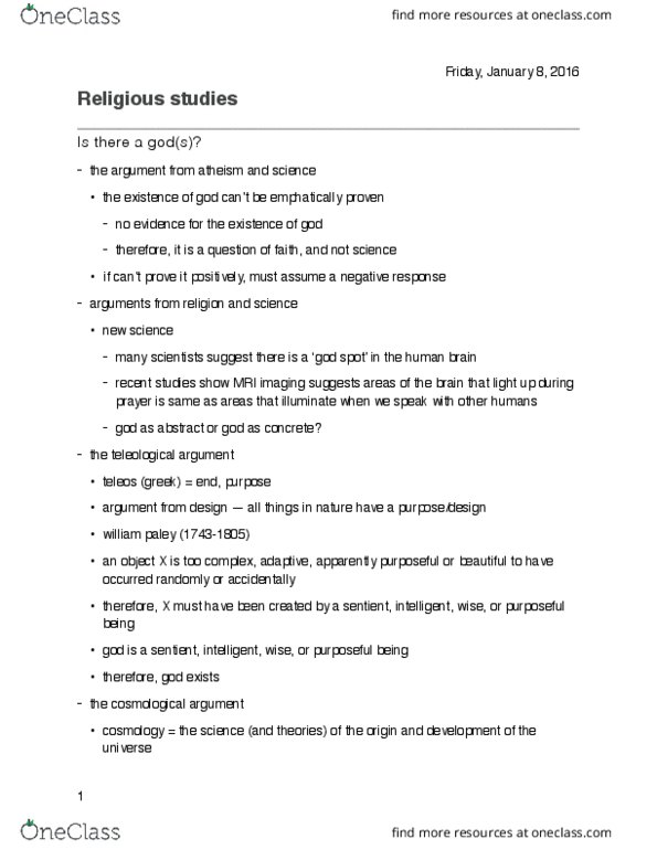 Religious Studies 1022A/B Lecture Notes - Lecture 1: Cosmological Argument, Polytheism, Orthopraxy thumbnail