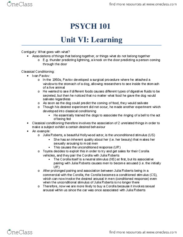 PSYCH101 Lecture Notes - Little Albert Experiment, Rosalie Rayner, Edward Thorndike thumbnail