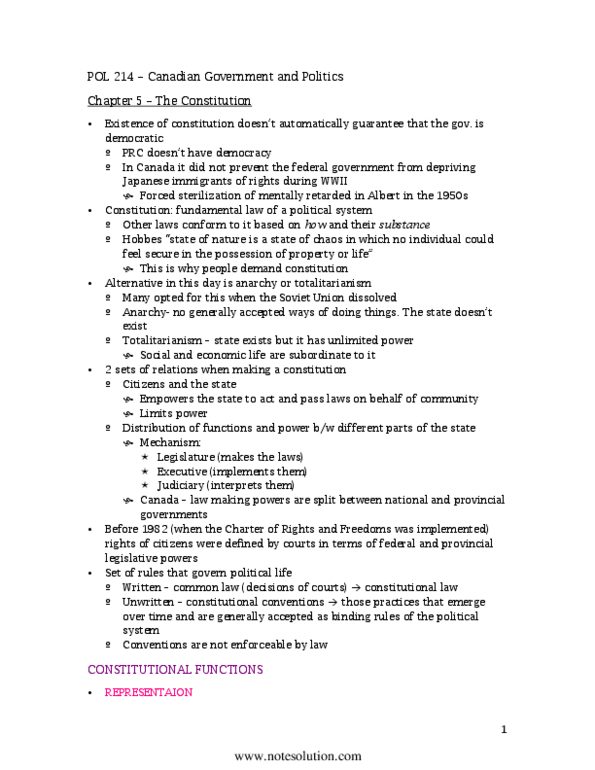 POL214Y1 Chapter Notes -Constitutionalism, Section 33 Of The Canadian Charter Of Rights And Freedoms, Parliamentary Sovereignty thumbnail