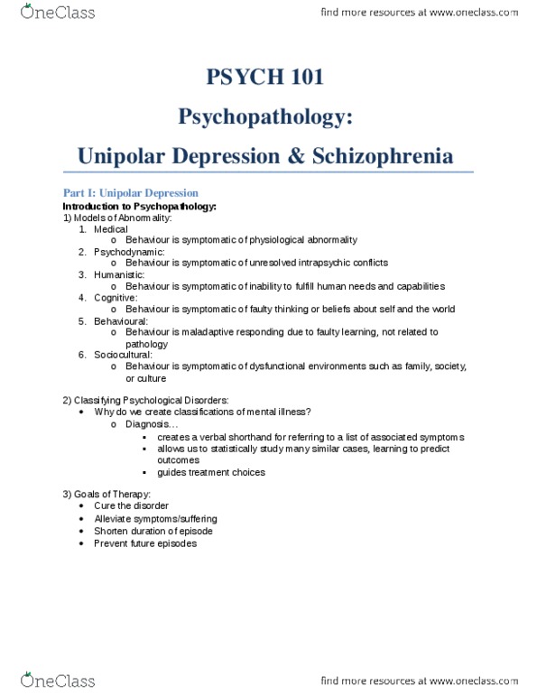 PSYCH101 Lecture Notes - Electroconvulsive Therapy, Humanistic Psychology, Tricyclic Antidepressant thumbnail