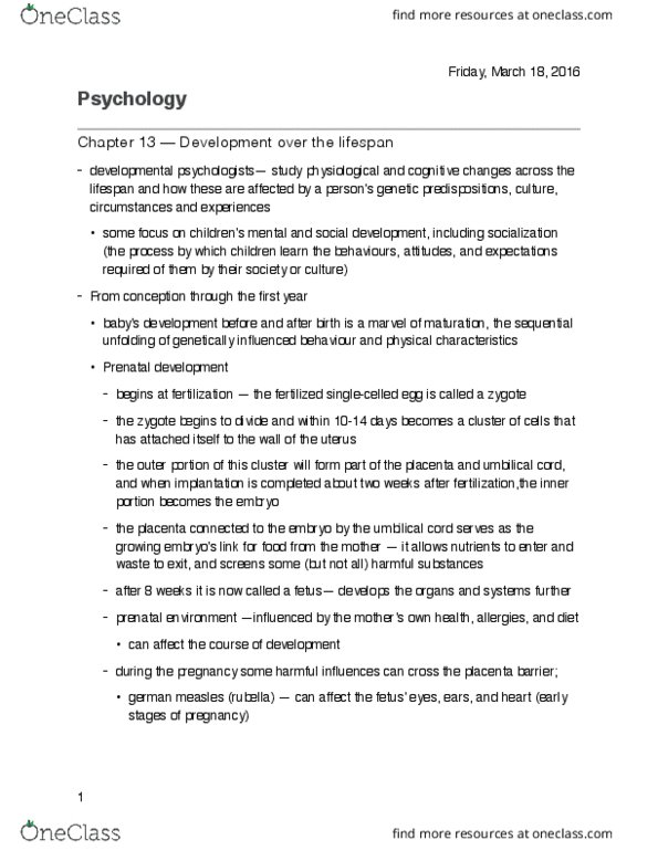 Psychology 1000 Lecture Notes - Lecture 13: Umbilical Cord, Rubella, Prenatal Development thumbnail