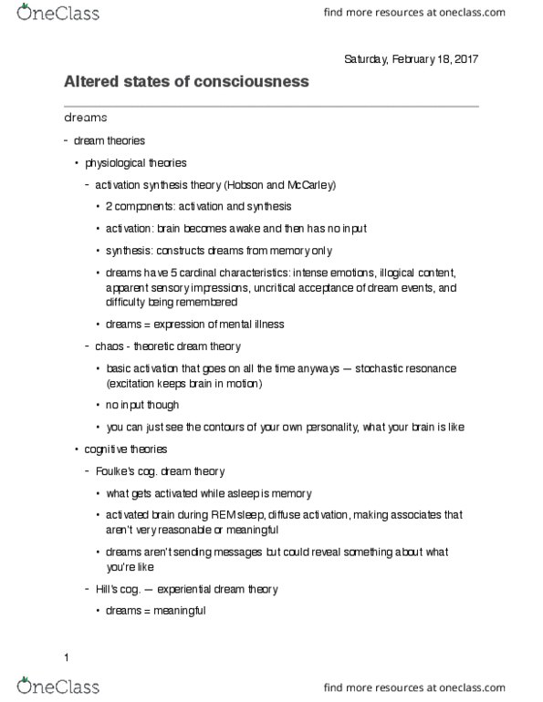 Psychology 2011A/B Lecture Notes - Lecture 4: Activation-Synthesis Hypothesis, Stochastic Resonance, Waking Life thumbnail