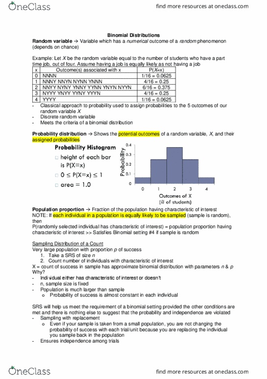 Biology 2244A/B Lecture Notes - Lecture 4: Binomial Distribution, New York City, Random Variable thumbnail