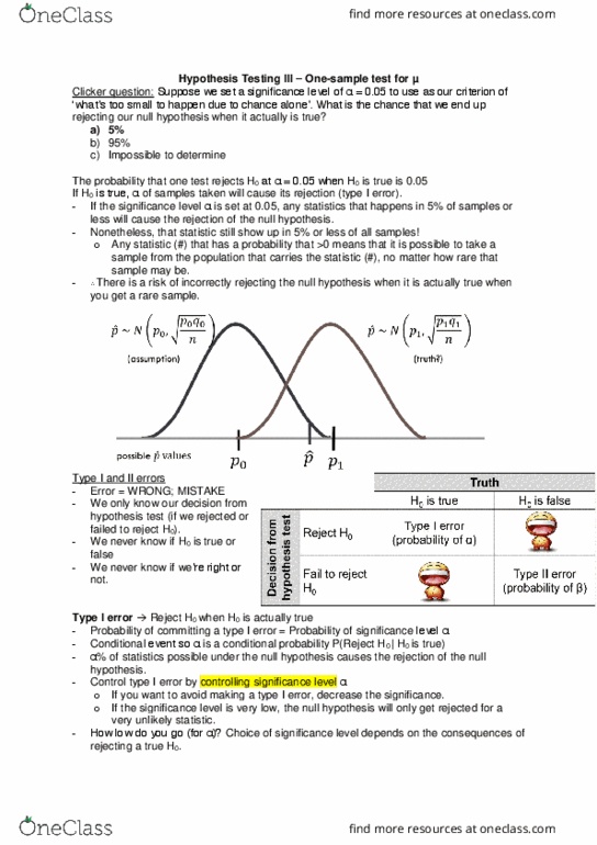 Biology 2244A/B Lecture Notes - Lecture 10: Type I And Type Ii Errors, Null Hypothesis, Statistical Hypothesis Testing thumbnail