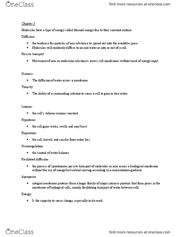 BIOL 1010 Lecture Notes - Lecture 4: Facilitated Diffusion, Passive Transport, Thermal Energy thumbnail