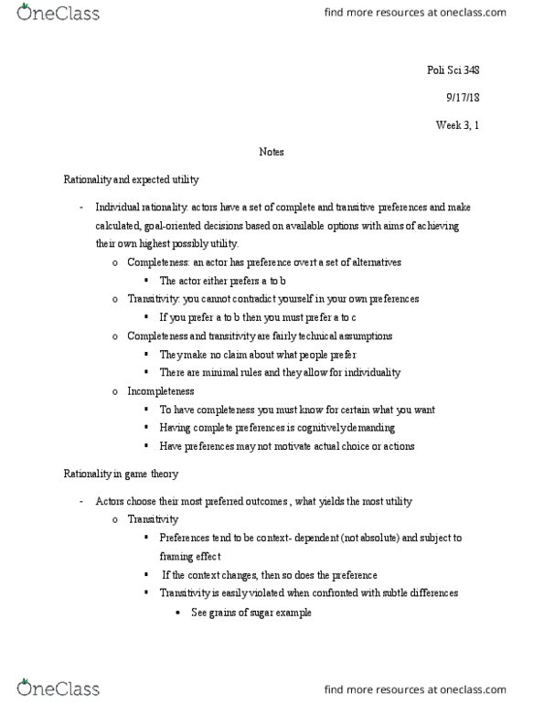 POLI SCI 348 Lecture Notes - Lecture 4: Rational Choice Theory, Rationality thumbnail