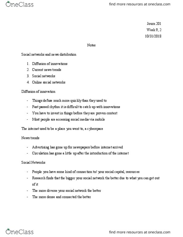 JOURN 201 Lecture Notes - Lecture 25: Social Capital thumbnail