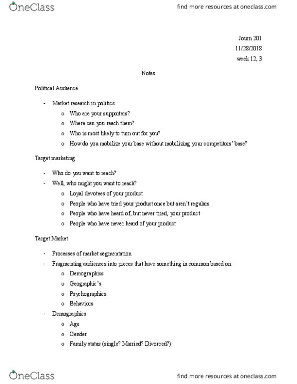 JOURN 201 Lecture Notes - Lecture 34: Market Segmentation, Target Market, Psychographic thumbnail