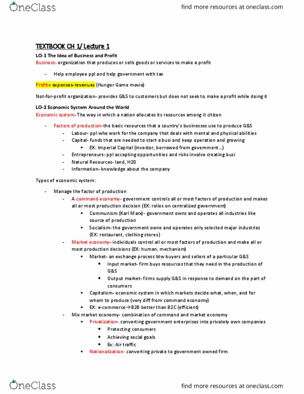 BUS100 Chapter Notes - Chapter 1: Planned Economy, Market Economy, Economic System thumbnail