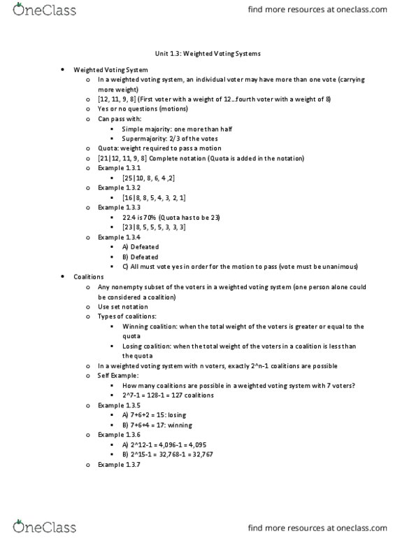 MGF-1107 Lecture Notes - Lecture 3: Supermajority, Set Notation, Banzhaf Power Index thumbnail