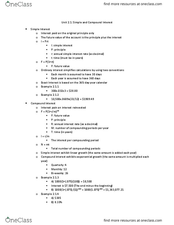 MGF-1107 Lecture Notes - Lecture 10: Interest, Compound Interest, Exponential Growth thumbnail