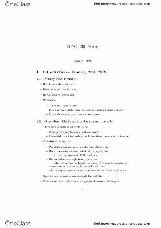 STAT 200 Lecture Notes - Lecture 1: Monty Hall Problem, Descriptive Statistics thumbnail