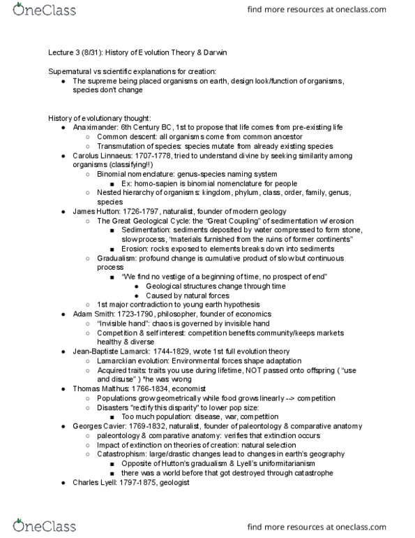 BIO 211 Lecture Notes - Lecture 3: Binomial Nomenclature, Carl Linnaeus, James Hutton thumbnail