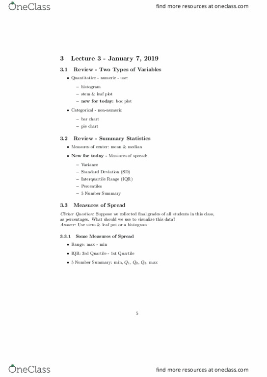 STAT 200 Lecture Notes - Lecture 3: Pie Chart, Interquartile Range, Bar Chart thumbnail