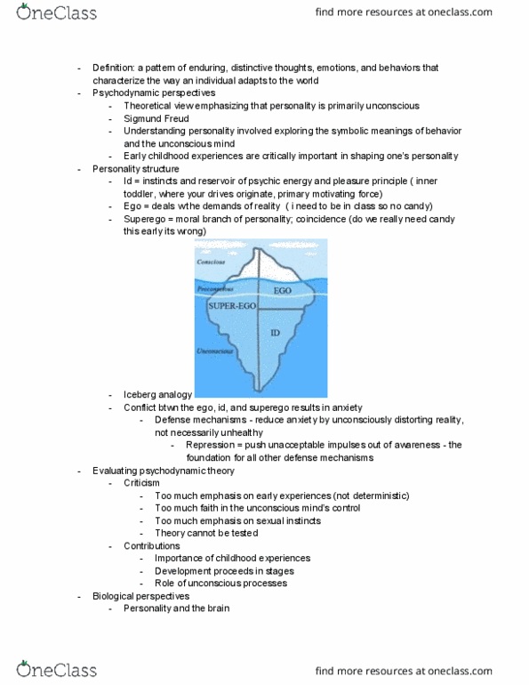 PSY 111 Chapter Notes - Chapter 10: Sigmund Freud, Unconscious Mind, Behaviorism thumbnail