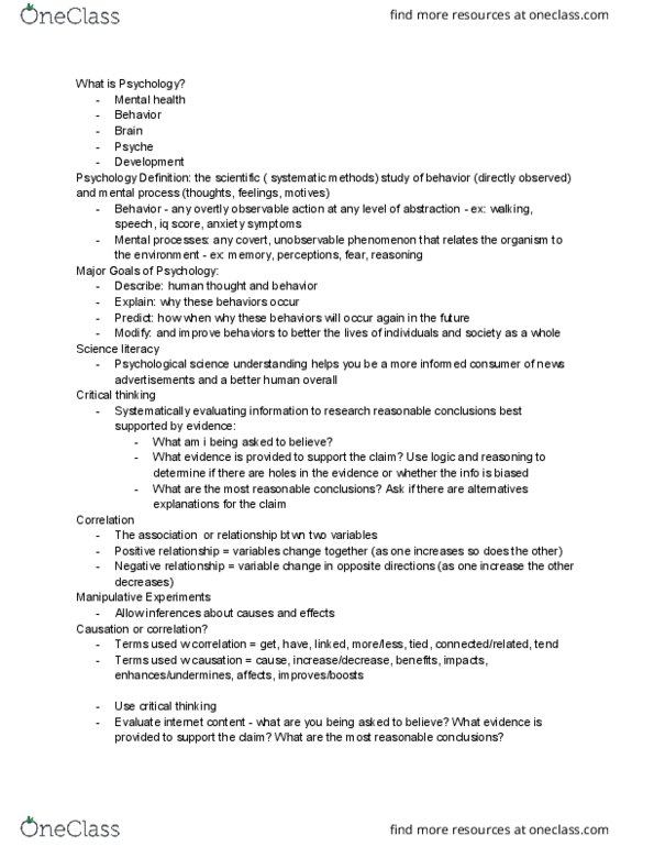 PSY 111 Chapter Notes - Chapter 1: Negative Relationship, Critical Thinking thumbnail