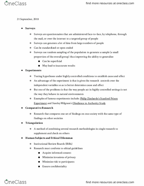 SOCI 1100 Lecture Notes - Lecture 6: Institutional Review Board, Stanford Prison Experiment thumbnail