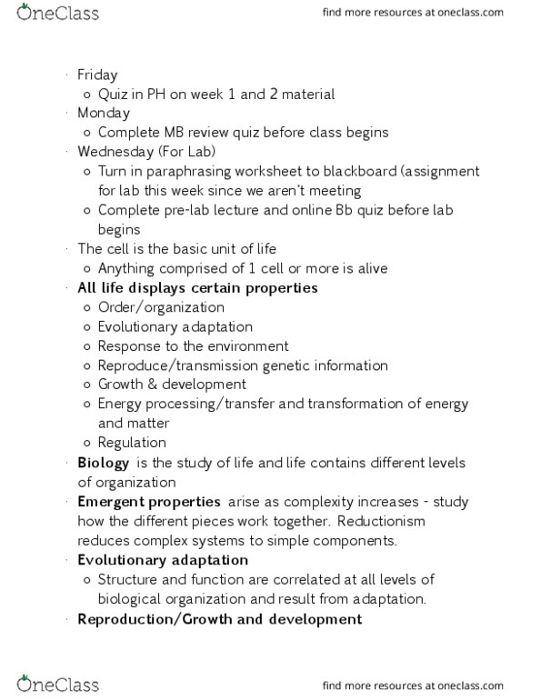 BIO 150 Lecture Notes - Lecture 2: Reductionism, Organism, Positive Feedback thumbnail