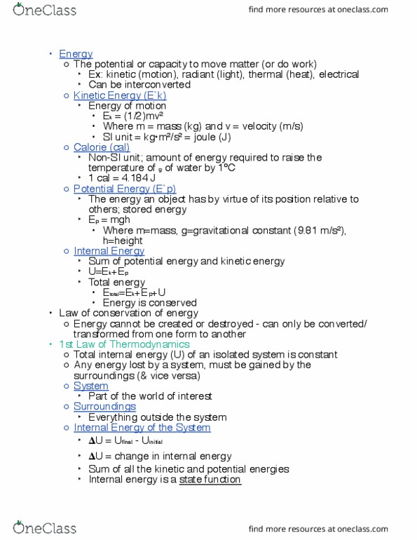 CHE 110 Chapter Notes - Chapter 6: System U, Internal Energy, Heat Capacity thumbnail