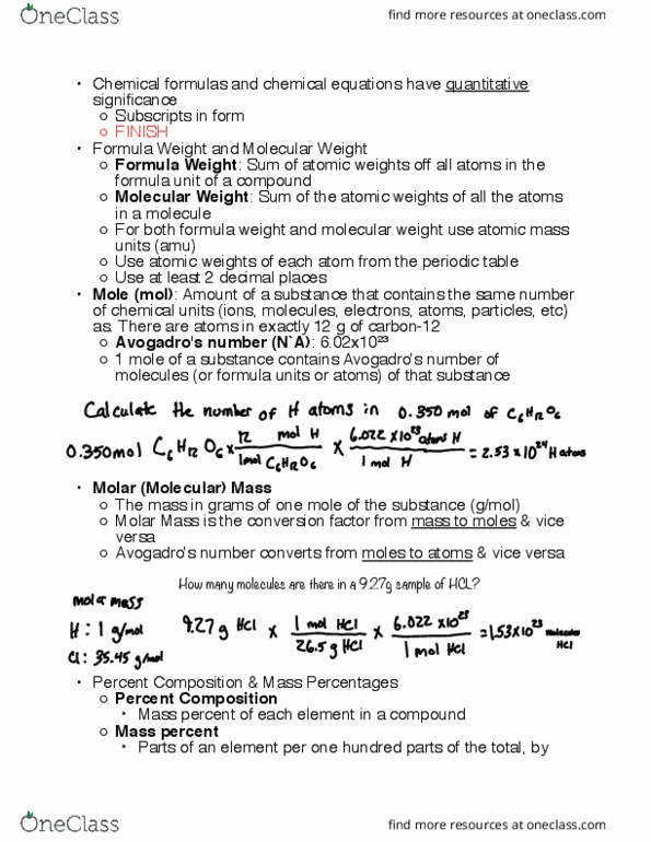 CHE 110 Chapter Notes - Chapter 3: Molar Mass, Chemical Formula, Formula Unit thumbnail