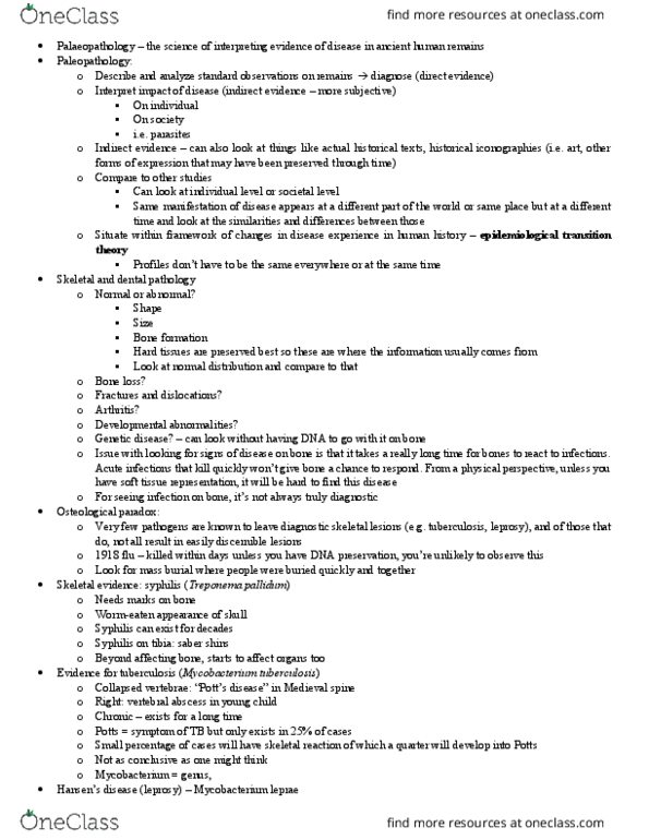 ANTHROP 2U03 Lecture Notes - Lecture 13: Mycobacterium Tuberculosis, Mycobacterium Leprae, Treponema Pallidum thumbnail