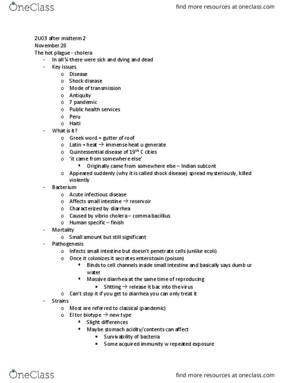 ANTHROP 2U03 Lecture Notes - Lecture 27: Enterotoxin, Vibrio, Cholera thumbnail