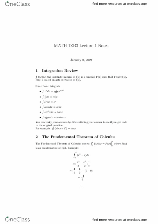 MATH 1ZB3 Lecture 1: Integration Review & Techniques thumbnail