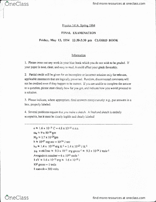 PHYSICS 141A Final physics141Asp1994finalInstructorexam OneClass