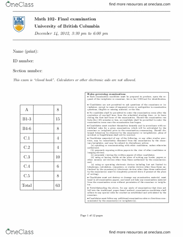 MATH 102 Midterm: MATH 102 2012 Winter Test 1 - OneClass