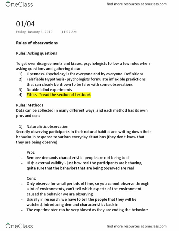 PSYC 102 Lecture Notes - Lecture 2: Naturalistic Observation, Demand Characteristics, Statistical Significance thumbnail