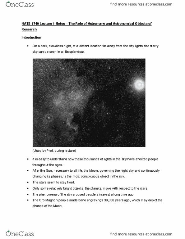 NATS 1740 Lecture Notes - Lecture 1: Cro-Magnon, Starry Sky, Star System cover image