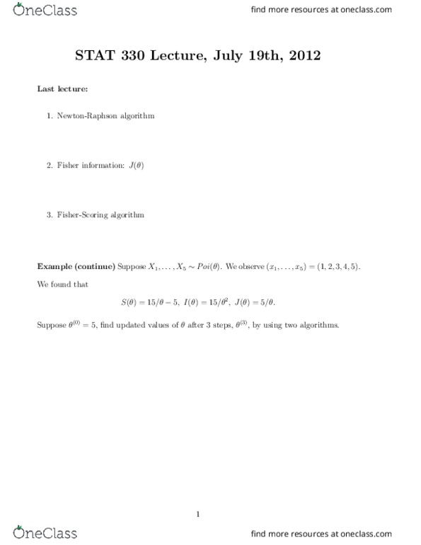 STAT330 Lecture Notes - Likelihood-Ratio Test, Bias Of An Estimator, Delta Method thumbnail