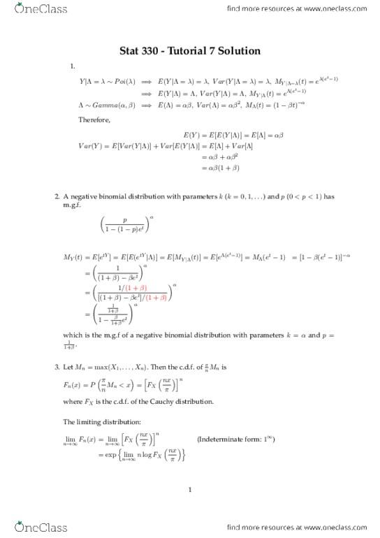 STAT330 Lecture Notes - Negative Binomial Distribution, Indeterminate Form thumbnail
