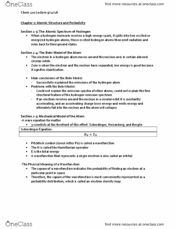 CHEM 120 Lecture Notes - Lecture 4: Bohr Model, Wave Function thumbnail